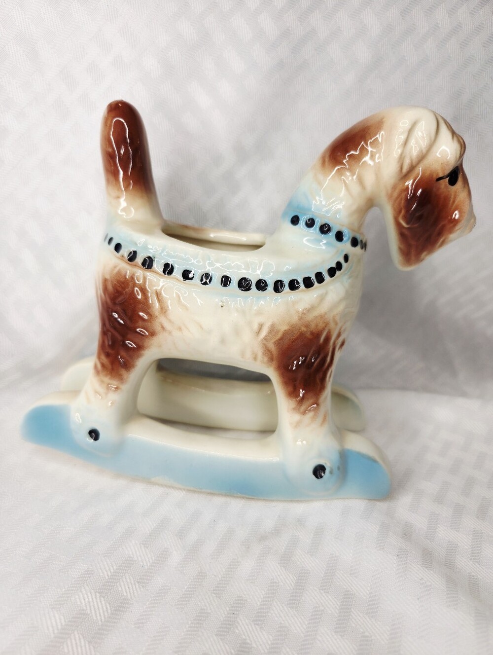 Vintage Ceramic Terrier Dog Planter Small Rocking Schnauzer Blue 6" Nursery